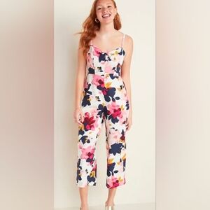 Old Navy Cream Floral Wide-Leg Jumpsuit Tie-Front Linen-Blend Sz.M Tall